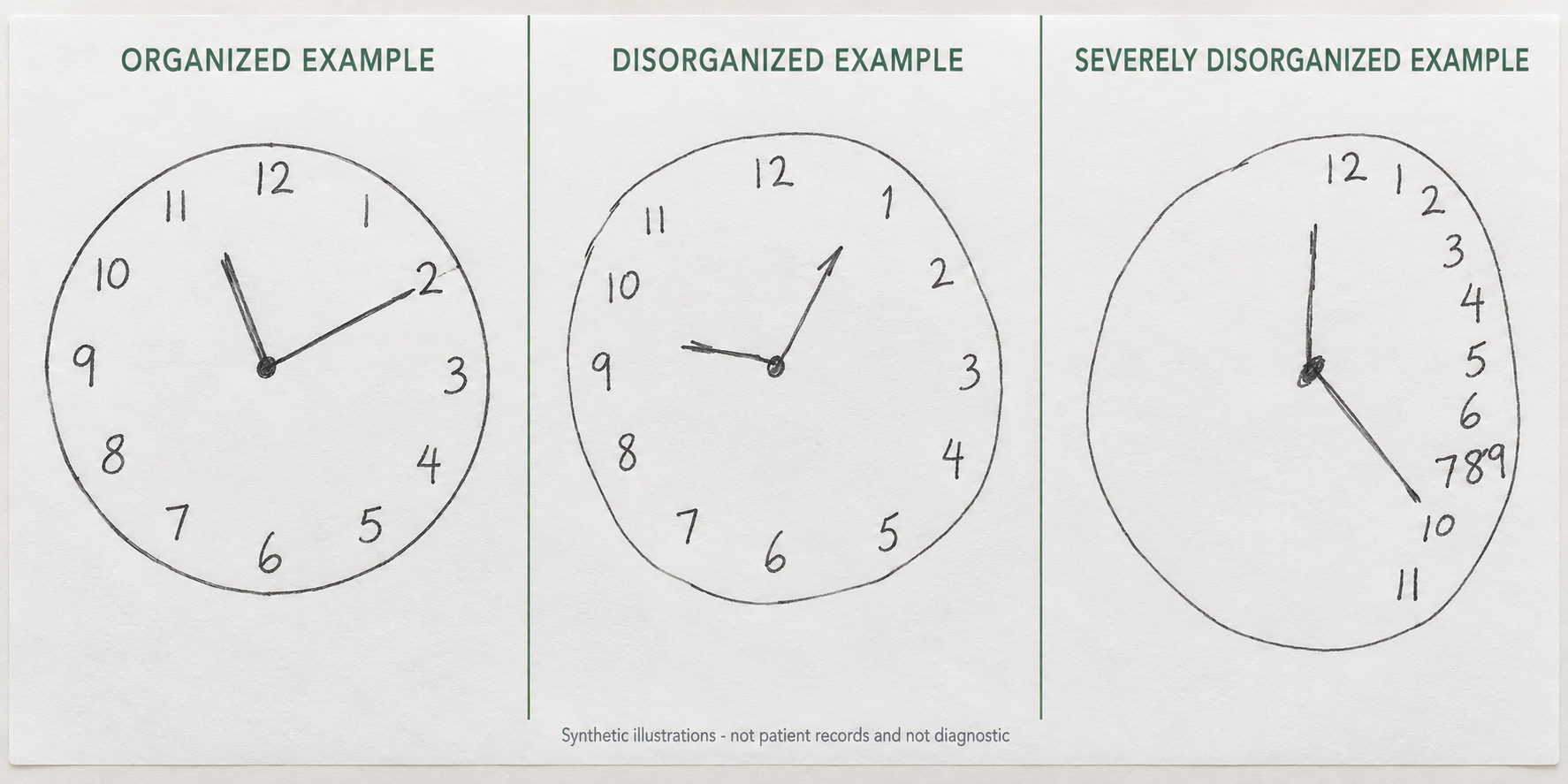 Three synthetic clock drawings: organized, disorganized and severely disorganized examples