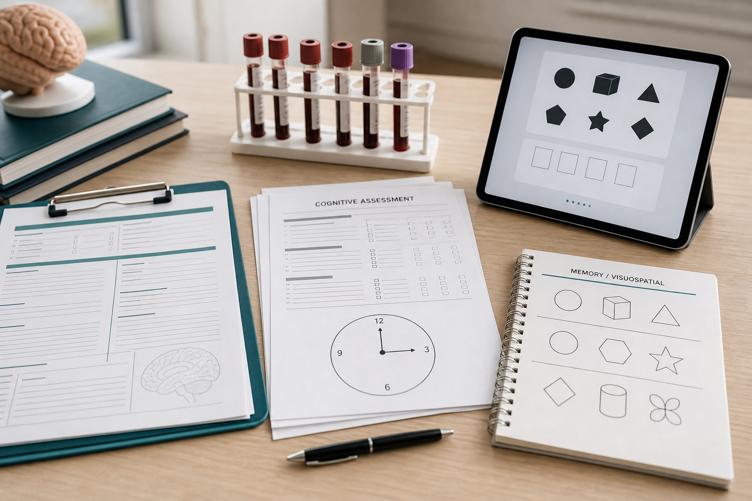 Clinician discussing a cognitive assessment at a desk